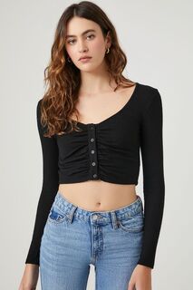 Укороченный топ в рубчик со сборками Forever 21, черный