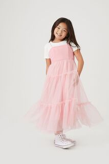 Многоярусное сетчатое платье-комбинация для девочек Forever 21, роза