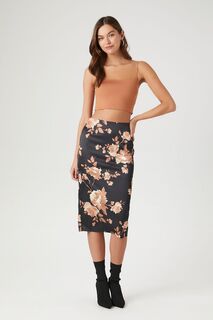 Атласная юбка-миди с цветочным принтом Forever 21, черный