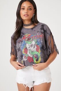 Укороченная футболка Tie-Dye Poison с бахромой Forever 21, серый