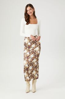 Атласная длинная юбка с цветочным принтом Forever 21, коричневый