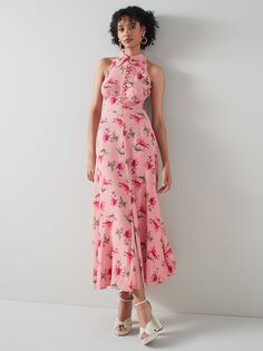 LKBennett Шелковое платье с вырезом и принтом Flori Poppy, розовый L.K.Bennett
