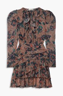 Платье мини Cecily из шелкового шифона с принтом fil-купе и оборками ULLA JOHNSON, коричневый