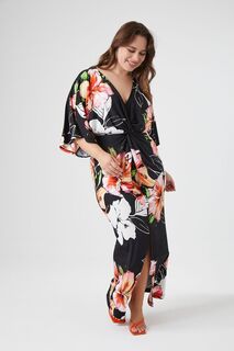 Платье-кимоно больших размеров с цветочным принтом Forever 21, черный