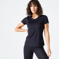 Женская приталенная футболка для фитнеса - черная DOMYOS, черный