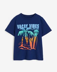 Футболка с принтом отпуск хлопковая H&amp;M Vacay Vibes Cotton, темно-синий H&M