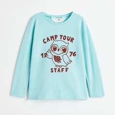 Лонгслив H&amp;M Kids Printed Jersey Owl, светло-бирюзовый H&M