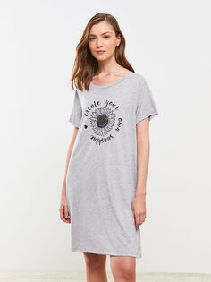 Женская ночная рубашка с коротким рукавом с круглым вырезом и принтом LCW Dream