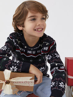 Трикотажный свитер для мальчика с длинным рукавом и круглым вырезом в рождественской тематике LCW Kids