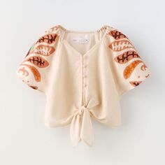 Рубашка Zara Linen Blend With Knot Detail, бежевый/оранжевый