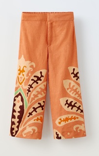 Брюки Zara Printed Linen Blend, оранжевый
