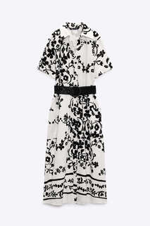 Платье - рубашка Zara Printed Linen, экрю / черный