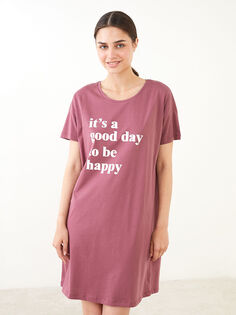 Женская ночная рубашка с коротким рукавом с круглым вырезом и принтом LCW Dream