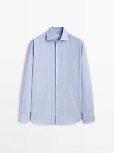 Рубашка стандартного кроя в полоску из смеси хлопка и льна Massimo Dutti, голубое небо