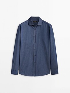 Рубашка узкого кроя из денима с эффектом потертости Massimo Dutti, светло-синий