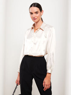 Застежка спереди на пуговицах Прямая атласная Женская рубашка с длинным рукавом LCW Modest