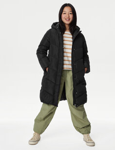 Длинное пальто с капюшоном Stormwear (6–16 лет) Marks &amp; Spencer, черный