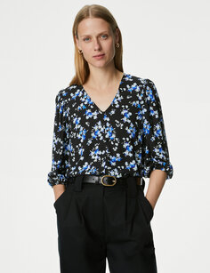 Блуза на пуговицах с V-образным вырезом и цветочным принтом Marks &amp; Spencer, синий микс
