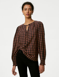 Блуза из модала в клетку с завязкой на воротнике Marks &amp; Spencer, коричневый микс