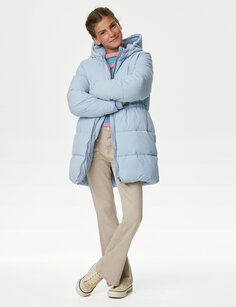 Стеганое пальто с капюшоном Stormwear (6–16 лет) Marks &amp; Spencer, бледно-голубой
