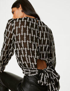 Блузка с круглым вырезом и рукавами с геометрическим рисунком Marks &amp; Spencer, черный