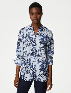 Атласная блузка с V-образным вырезом и принтом Marks &amp; Spencer, синий микс