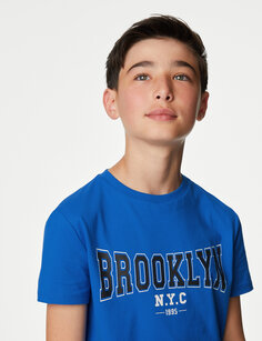 Футболка «Бруклин» из чистого хлопка (6–16 лет) Marks &amp; Spencer, ярко-голубой