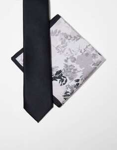 Узкий черно-серый галстук с цветочным принтом ASOS DESIGN