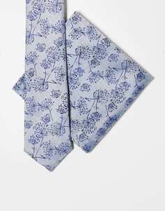 Узкий галстук и нагрудный платок ASOS DESIGN серебристого и темно-синего цвета с цветочным принтом