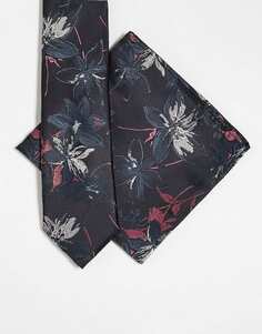 Узкий галстук и нагрудный платок темного цвета с цветочным принтом ASOS DESIGN
