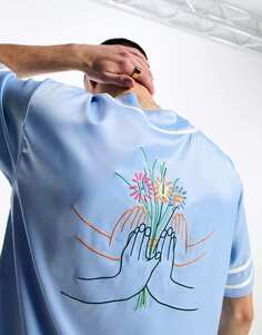 Атласно-синяя бейсбольная майка ручной работы HUF Community с вышивкой на груди и спине