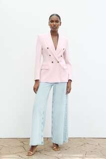 Приталенный двубортный пиджак ZARA, розовый