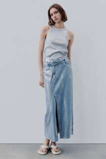 Асимметричная джинсовая юбка Trf с эффектом металлик ZARA, серебряный