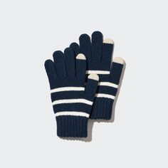 Детские вязаные полосатые перчатки HEATTECH Uniqlo, темно-синий