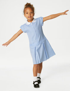 Школьное платье в мелкую клетку со складками для девочек (2–14 лет) Marks &amp; Spencer, светло-синий