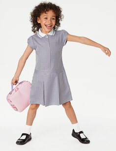 Школьное платье в мелкую клетку со складками для девочек (2–14 лет) Marks &amp; Spencer, темно-синий