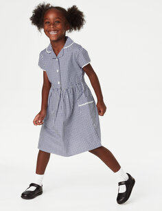 Школьное платье в мелкую клетку из чистого хлопка для девочек (2–14 лет) Marks &amp; Spencer, темно-синий