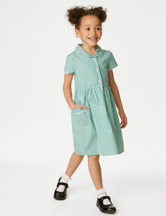 Школьное платье в полоску из чистого хлопка для девочек (2–14 лет) Marks &amp; Spencer, зеленый