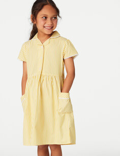 Школьное платье в полоску из чистого хлопка для девочек (2–14 лет) Marks &amp; Spencer, желтый
