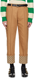 Коричневые брюки карго с манжетами с узором GG Gucci