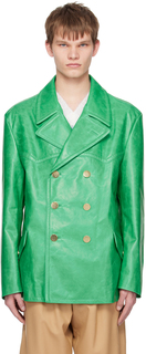 Зеленая двубортная кожаная куртка Marni