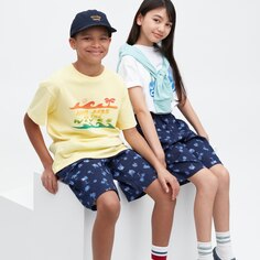Детские хлопковые шорты с эластичным принтом Easy Uniqlo, темно-синий