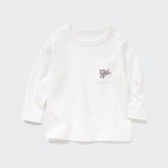 Хлопковая футболка с длинными рукавами и круглым вырезом для малышей Uniqlo, кремовый