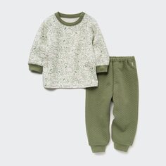 Стеганая пижама с длинными рукавами и принтом для малышей Uniqlo, зеленый