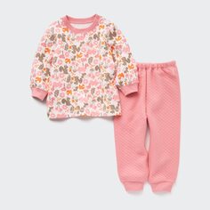 Стеганая пижама с длинными рукавами и принтом для малышей Uniqlo, розовый