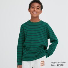 Детская футболка из мягкого матового хлопка в полоску с круглым вырезом и длинными рукавами Uniqlo, зеленый