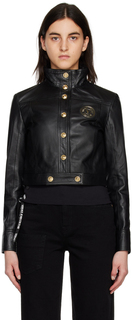 Черная кожаная куртка с V-образной эмблемой Versace Jeans Couture