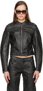 Черная кожаная куртка с эффектом потертости Blumarine