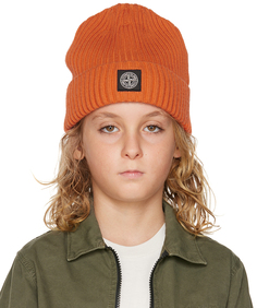 Детская оранжевая вязаная шапка в рубчик Stone Island Junior