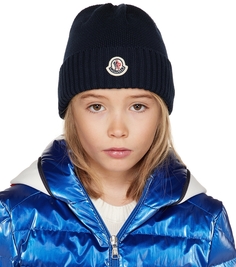 Детская темно-синяя шапка с нашивками Moncler Enfant